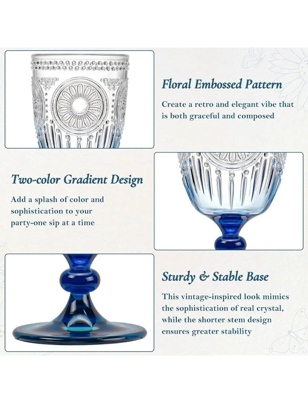 12-Piece 13.5 oz Blue Plastic Wine Glasses Embossed Reusable Goblets